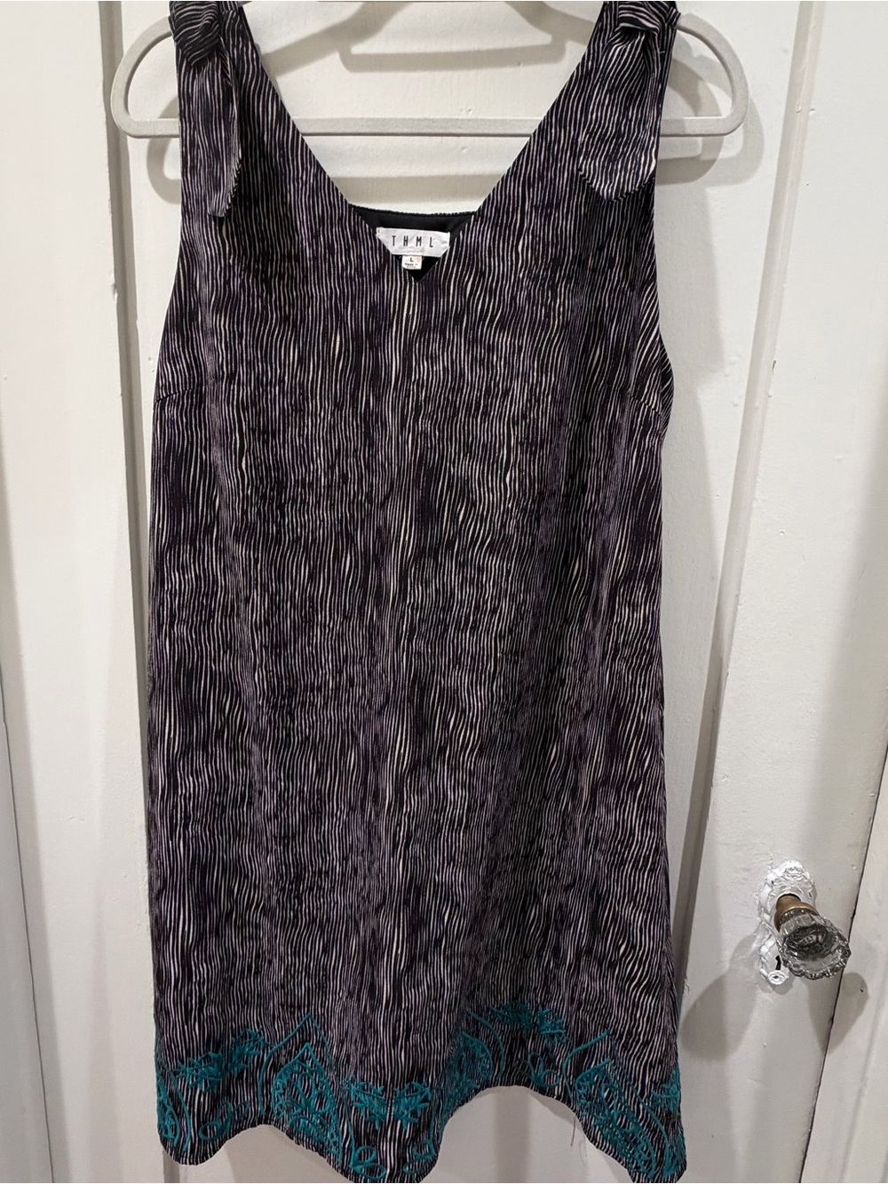THML Black and White Midi Dress with Teal Hem Embroidery